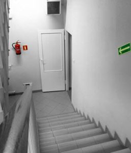 Fire Extinguisher at bottom of stairs