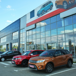 Vehicles parked at car dealership