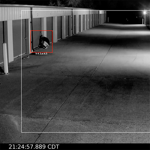 Black and White image from security camera monitoring of a storage facility